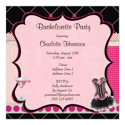 Chic Corset & Pink Martini Bachelorette Party Personalized Invites