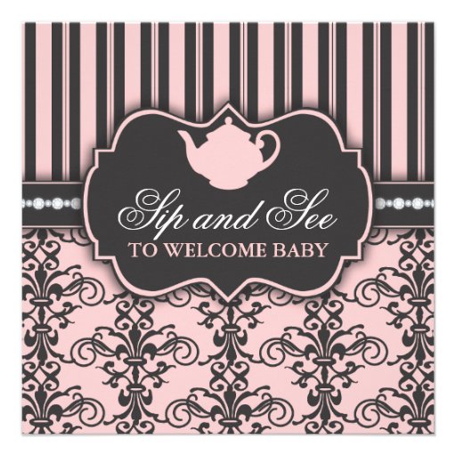 Chic Damask Pink Sip and See Baby Tea Invitation
