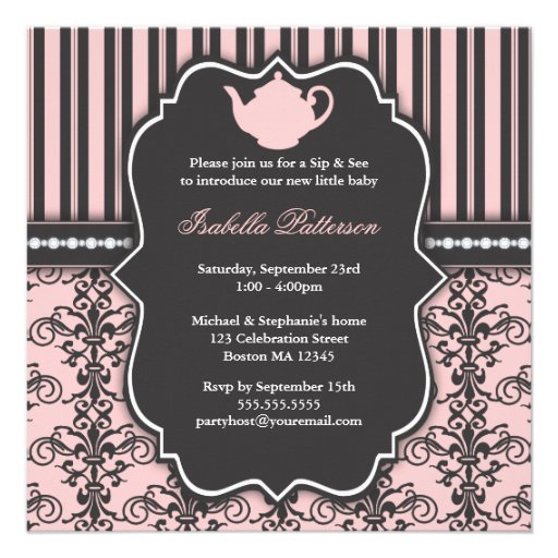 Chic Damask Pink Sip and See Baby Tea Invitation