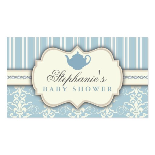 Chic Damask & Stripe Baby Shower Tea Favor Tag Business Card Template (back side)