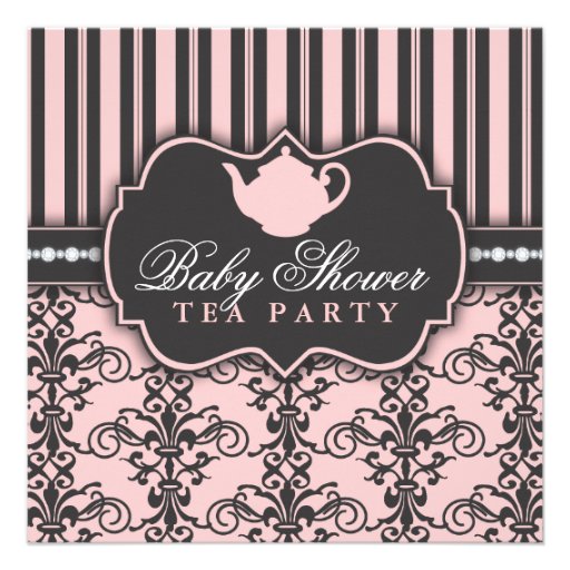 Chic Damask & Stripe Baby Shower Tea Invitation