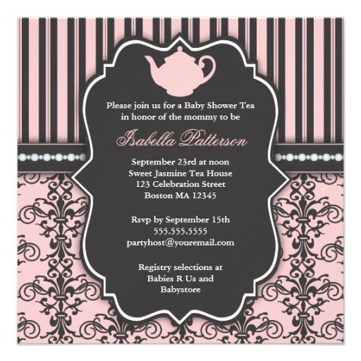 Chic Damask & Stripe Baby Shower Tea Invitation