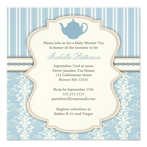 Chic Damask & Stripe Baby Shower Tea Invitation