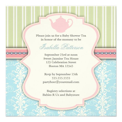 Chic Damask & Stripe Baby Shower Tea Invitation