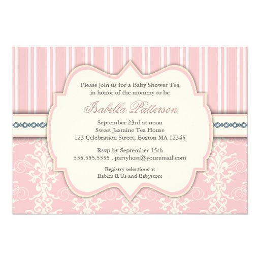 Chic Damask & Stripe Baby Shower Tea Invitation
