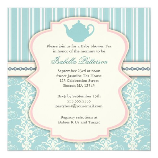 Chic Damask & Stripe Baby Shower Tea Invitation
