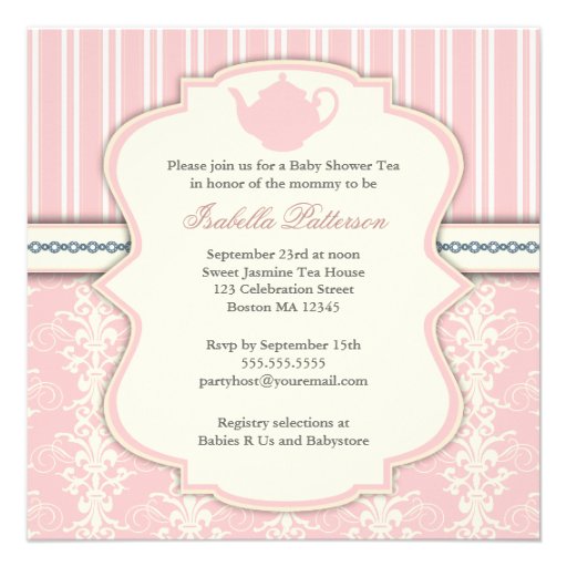 Chic Damask & Stripe Baby Shower Tea Invitation