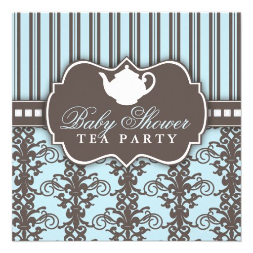 Chic Damask & Stripe Baby Shower Tea Invitation