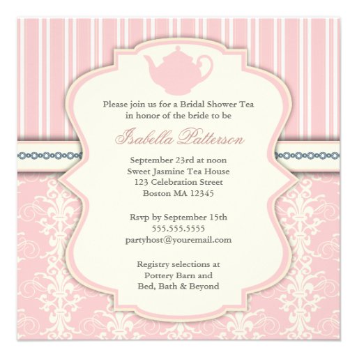 Chic Damask & Stripe Bridal Shower Tea Invitation