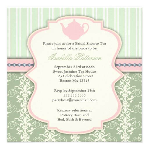 Chic Damask & Stripe Bridal Shower Tea Invitation