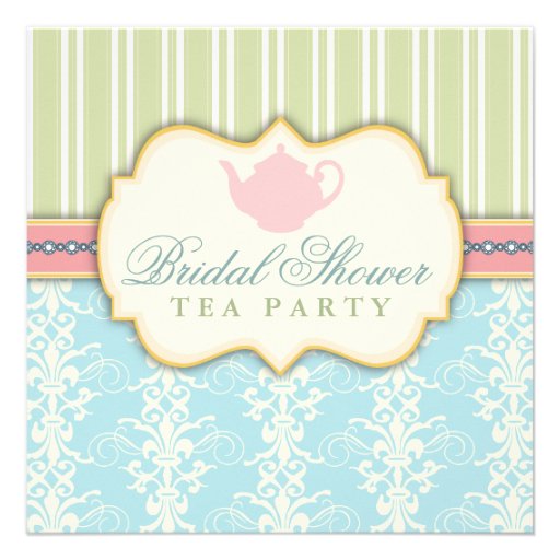 Chic Damask & Stripe Bridal Shower Tea Invitation