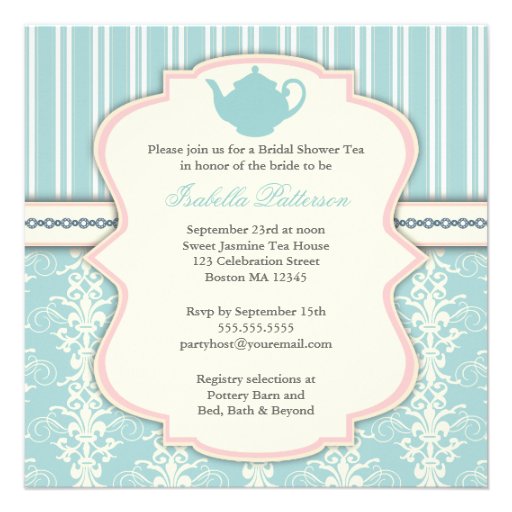 Chic Damask & Stripe Bridal Shower Tea Invitation