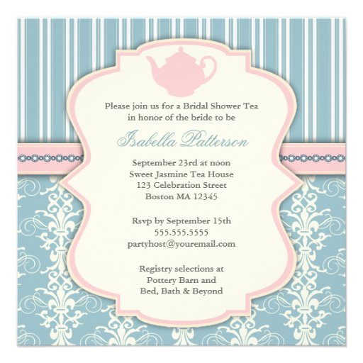Chic Damask & Stripe Bridal Shower Tea Invitation