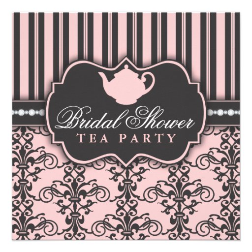 Chic Damask & Stripe Bridal Shower Tea Invitation