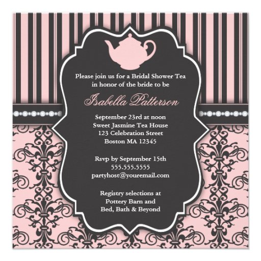 Chic Damask & Stripe Bridal Shower Tea Invitation