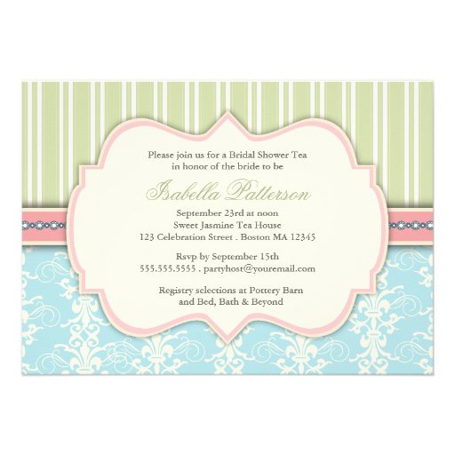 Chic Damask & Stripe Bridal Shower Tea Invitation