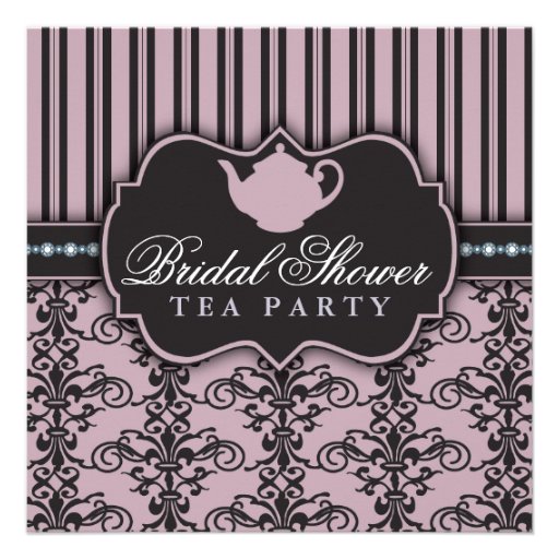 Chic Damask & Stripe Bridal Shower Tea Invitation