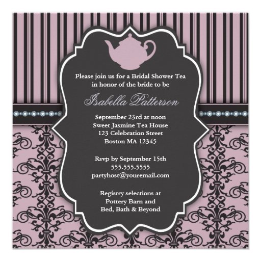 Chic Damask & Stripe Bridal Shower Tea Invitation