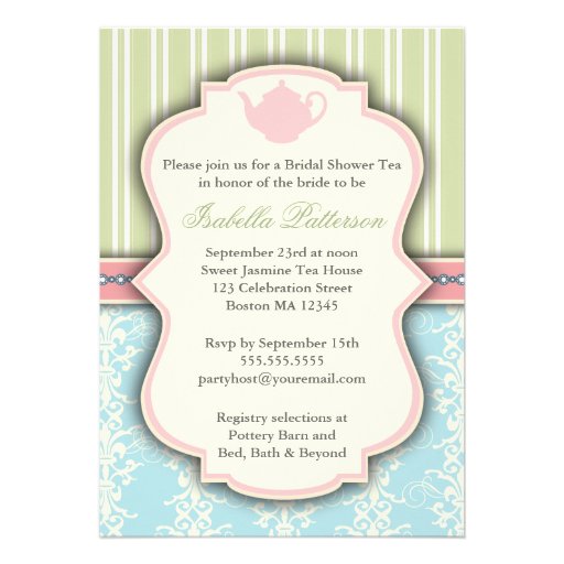Chic Damask & Stripe Bridal Shower Tea Invitation