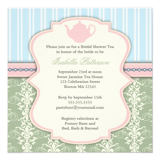 Chic Damask & Stripe Bridal Shower Tea Invitation
