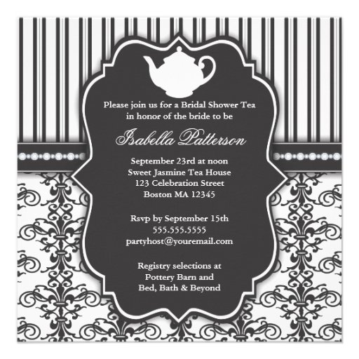 Chic Damask & Stripe Bridal Shower Tea Invitation