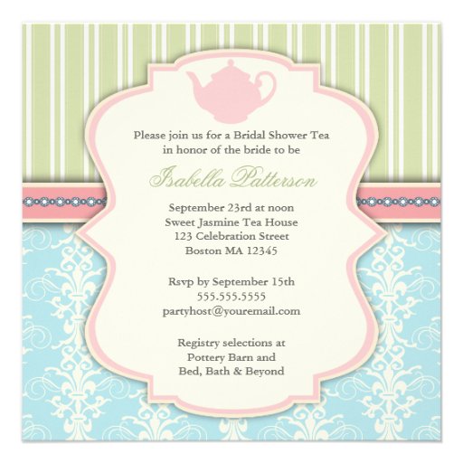 Chic Damask & Stripe Bridal Shower Tea Invitation