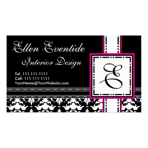 Chic Designer Lady Pink and Black Monogram Business Card Templates (front side)