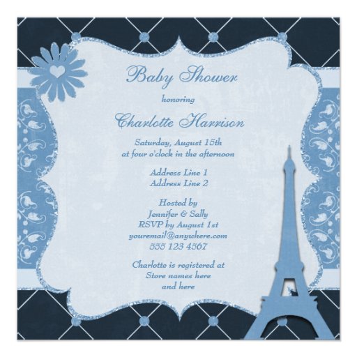 Chic Eiffel Tower Blue Baby Shower Personalized Invitations