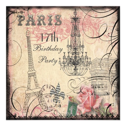 Chic Eiffel Tower & Chandelier 17th Birthday Custom Invitations