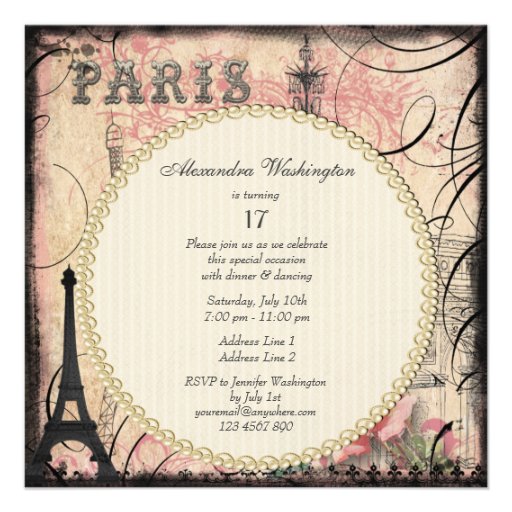 Chic Eiffel Tower & Chandelier 17th Birthday Custom Invitations