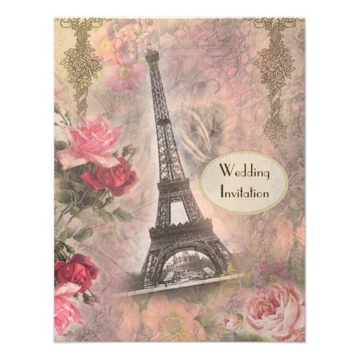 Chic Eiffel Tower & Roses Wedding Invitation