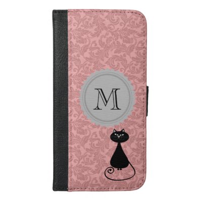 Chic elegant girly funny cat damask monogram iPhone 6/6S plus wallet case