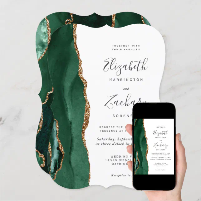 Chic Emerald Green Gold Agate Dark Bracket Wedding Invitation Zazzle