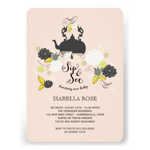 Chic Floral Blooms Birds Sip And See Baby Shower Personalized Invites