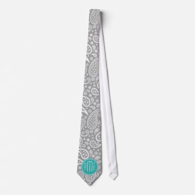 Chic Floral Gray Paisley Pattern & Blue Monogram Tie-1