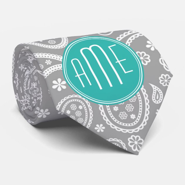 Chic Floral Gray Paisley Pattern & Blue Monogram Tie