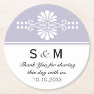 Chic Floral Wedding Monogram:Lavender White Round Paper Coaster