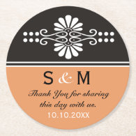Chic Floral Wedding  Monogram:Orange Black Round Paper Coaster