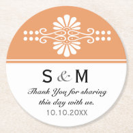 Chic Floral Wedding  Monogram: Orange White Round Paper Coaster