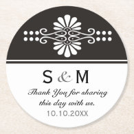Chic Floral Wedding Thank You Monogram:Black White Round Paper Coaster