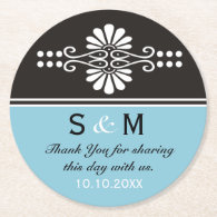 Chic Floral Wedding Thank You Monogram:Blue Black Round Paper Coaster