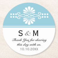 Chic Floral Wedding Thank You Monogram:Blue White Round Paper Coaster