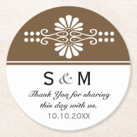 Chic Floral Wedding Thank You Monogram:Brown White Round Paper Coaster