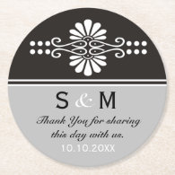 Chic Floral Wedding Thank You Monogram:Gray Black Round Paper Coaster