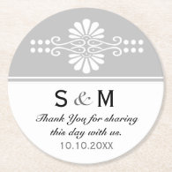 Chic Floral Wedding Thank You Monogram:Gray White Round Paper Coaster