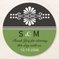 Chic Floral Wedding Thank You Monogram:Green Black Round Paper Coaster
