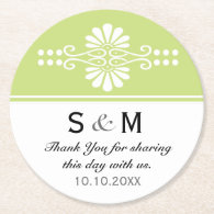 Chic Floral Wedding Thank You Monogram:Green White Round Paper Coaster