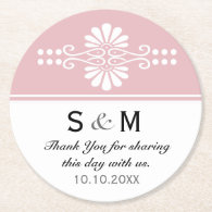 Chic Floral Wedding Thank You Monogram:Pink White Round Paper Coaster