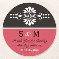 Chic Floral Wedding Thank You Monogram:Red Black Round Paper Coaster