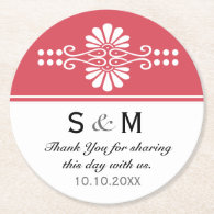 Chic Floral Wedding Thank You Monogram:Red White Round Paper Coaster